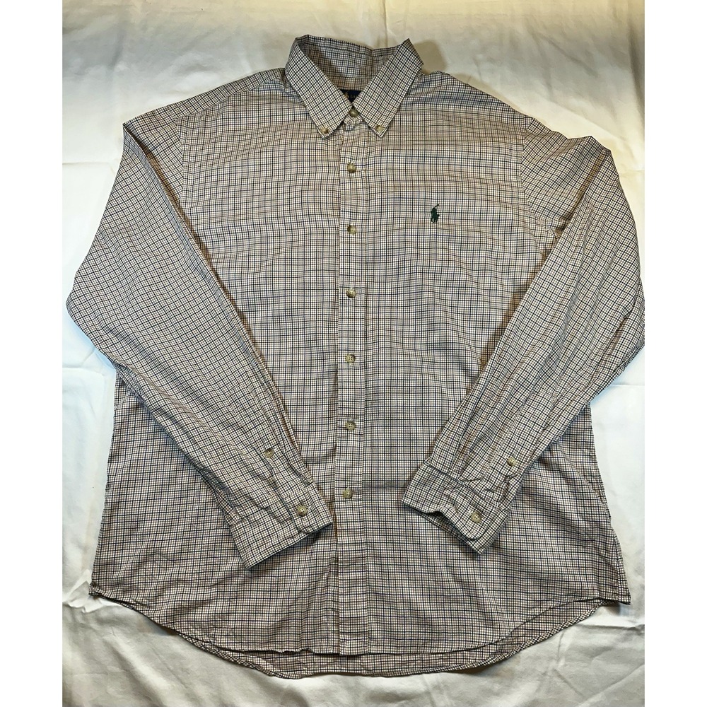 Men Polo Ralph Lauren Long Oxford Green Brown Tan Stripe Button XL Gingham Shirt